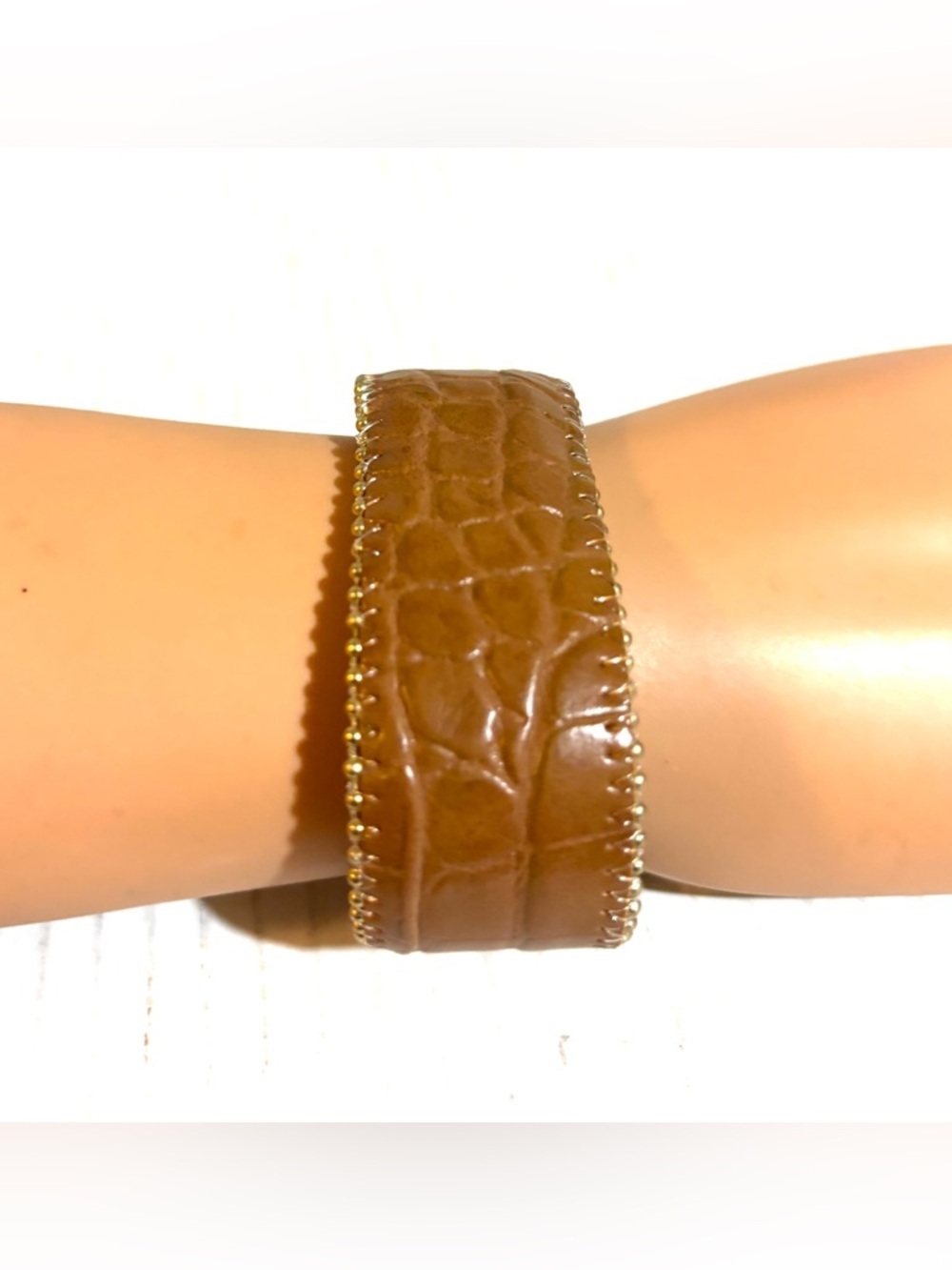 Brown Croc-Embossed Leather Bangle Bracelet - Unbranded